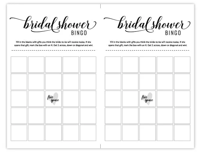 bridal shower games bingo