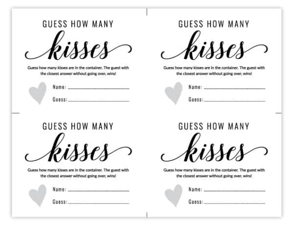 Free Printable Bridal Shower Games | Guess How Many Kisses
