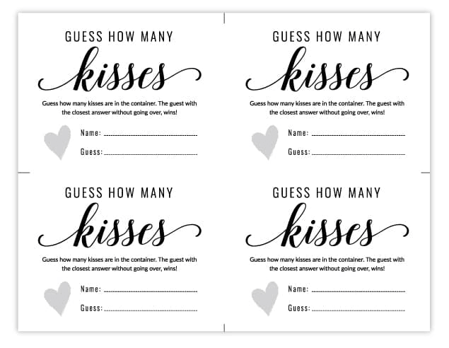 Free Printable Bridal Shower Games | Guess How Many Kisses