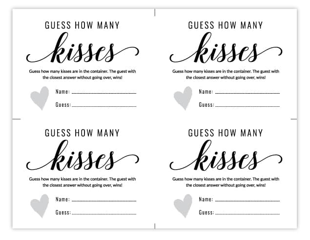 Free Printable Bridal Shower Games | Guess How Many Kisses