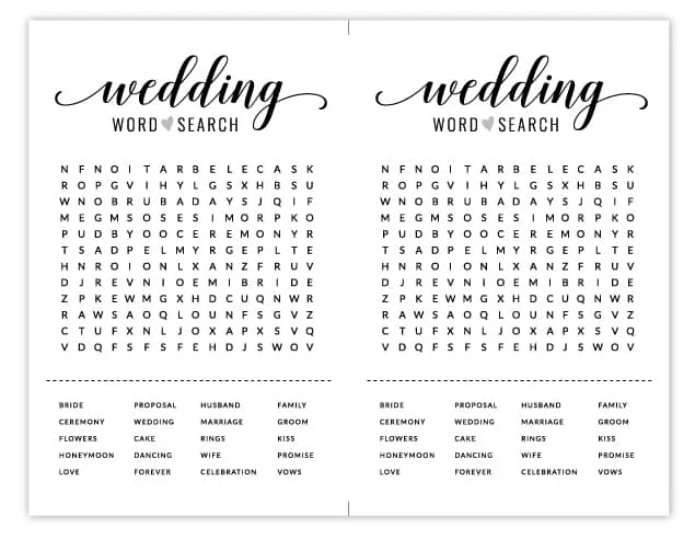 free bridal shower word search