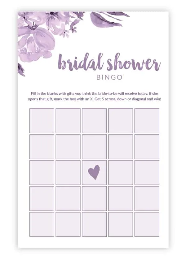 purple floral bridal shower bingo