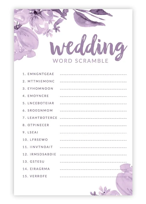 purple floral wedding word scramble
