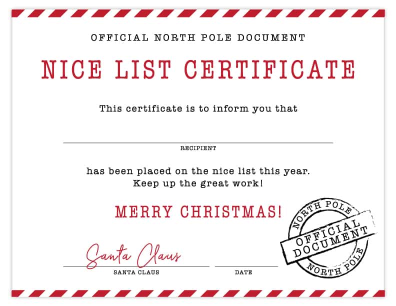 Free Printable Nice List Certificate Signed by Santa