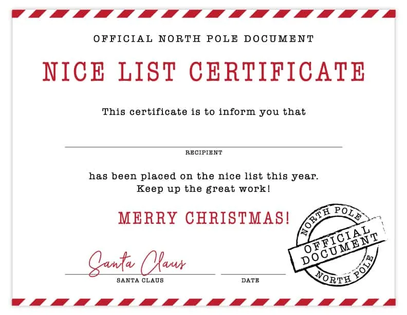 Free Printable Nice List Certificate