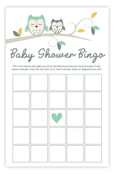 owl baby shower bingo