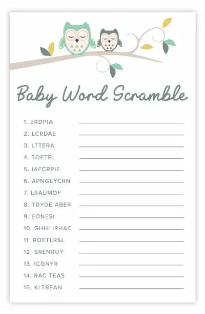 owl baby shower word scramble