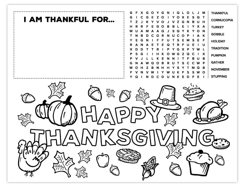 thanks giving coloring pages placemat