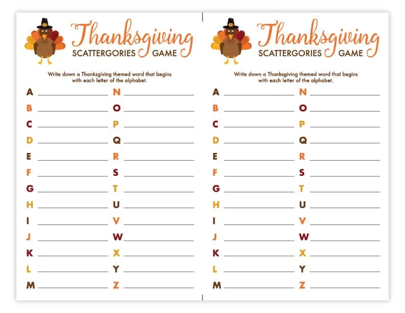 Thanksgiving Scattergories Printables - U Create