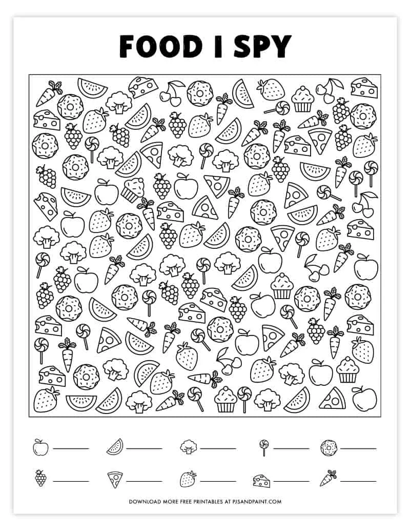 free printable i spy game food themed i spy pjs and paint