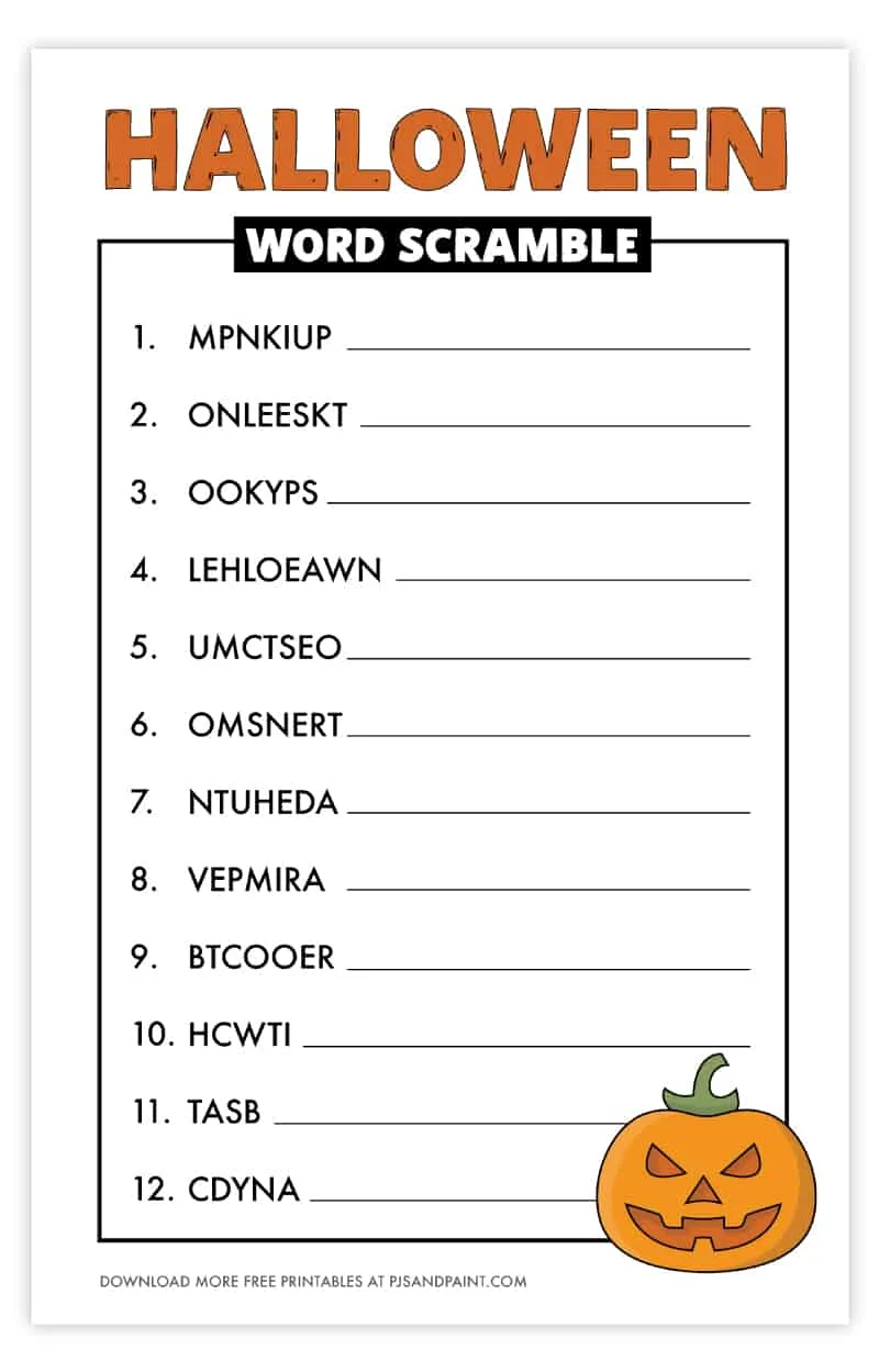 Free Printable Halloween Word Scramble - Pjs and Paint