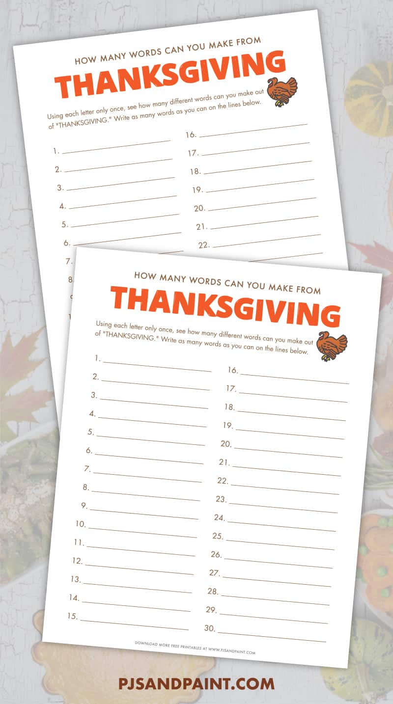 printable hvor mange ord kan du gøre ud af thanksgiving