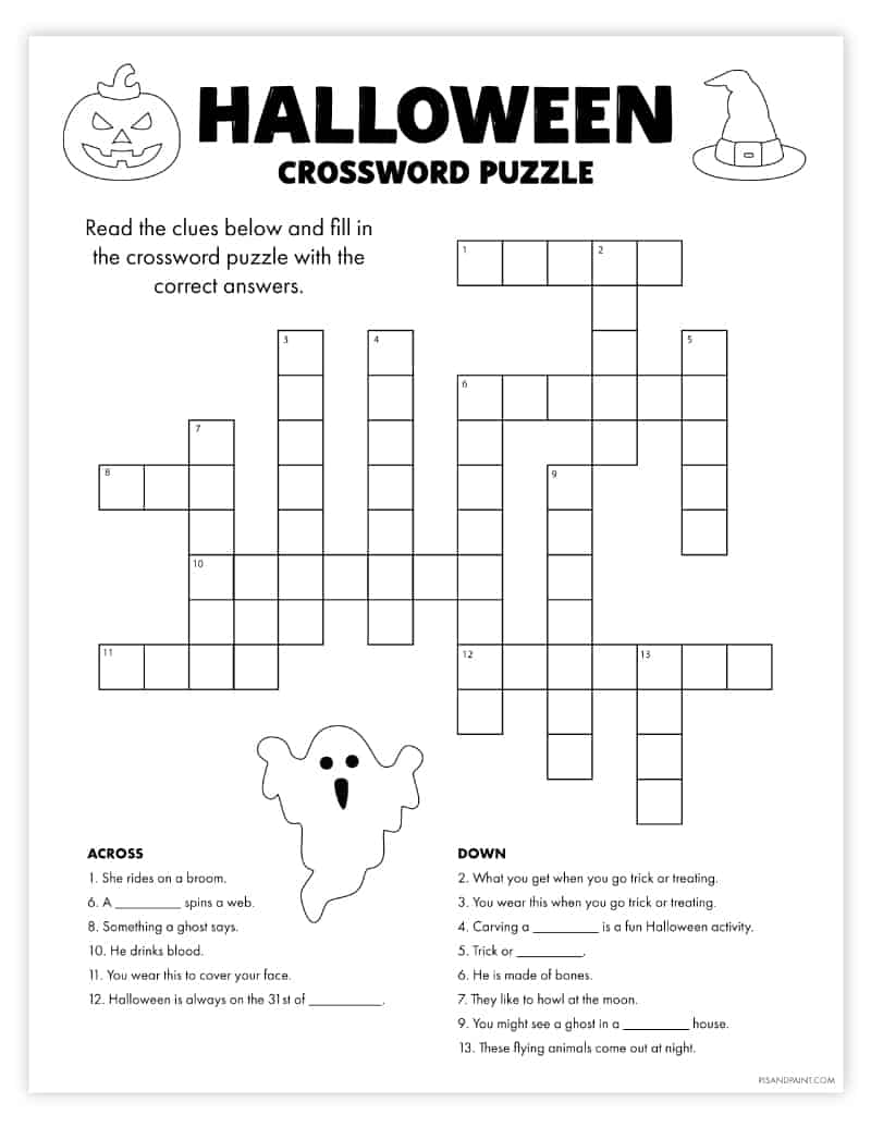 Free Printable Halloween Crossword Puzzle Pjs and Paint