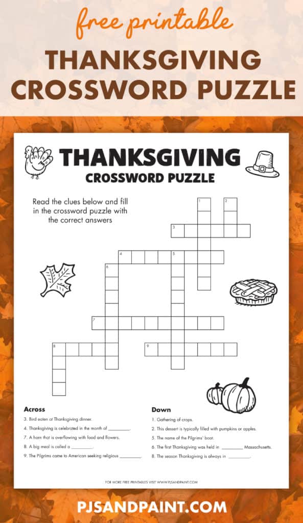 Free Printable Thanksgiving Crossword Puzzle Pjs and Paint