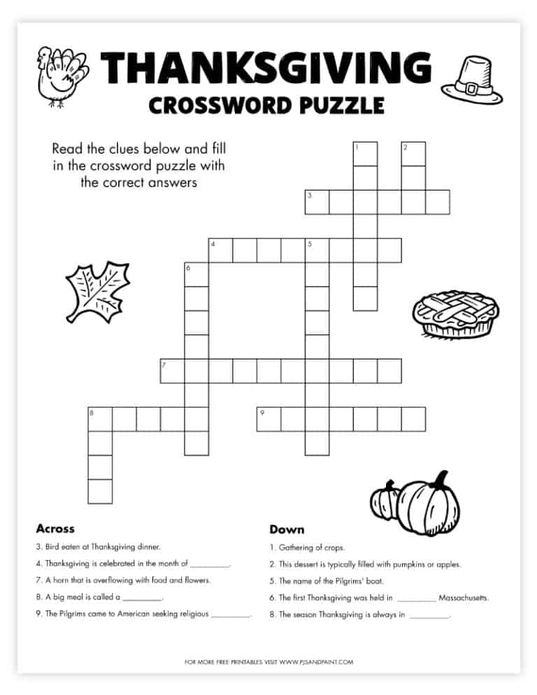 Free Printable Thanksgiving Crossword Puzzle Pjs and Paint