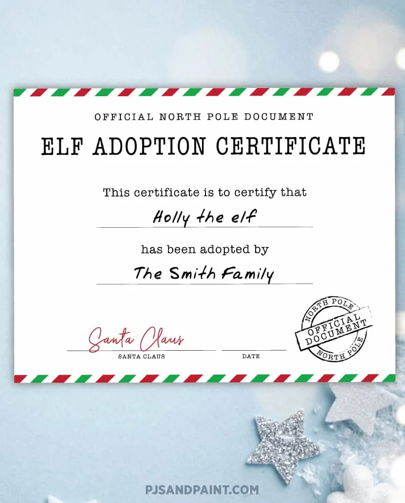 free printable elf adoption certificate sample