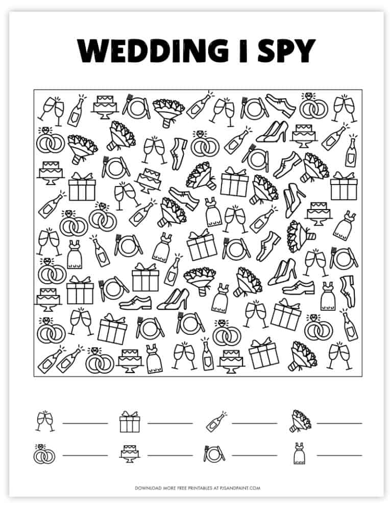 Free Printable Wedding I Spy Game for Kids Pjs and Paint