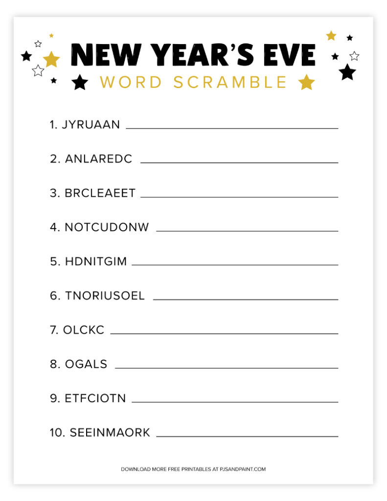 Free Printable New Year s Eve Word Scramble Pjs And Paint