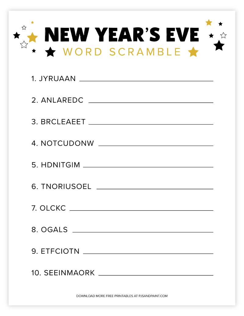 Free Printable New Year's Eve Word Scramble Pjs and Paint