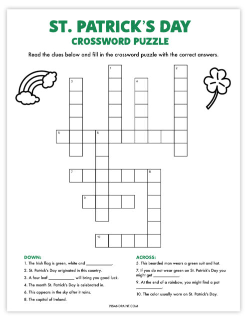 St. Patrick's Day Crossword Puzzle - Free Printable Game - Pjs and Paint