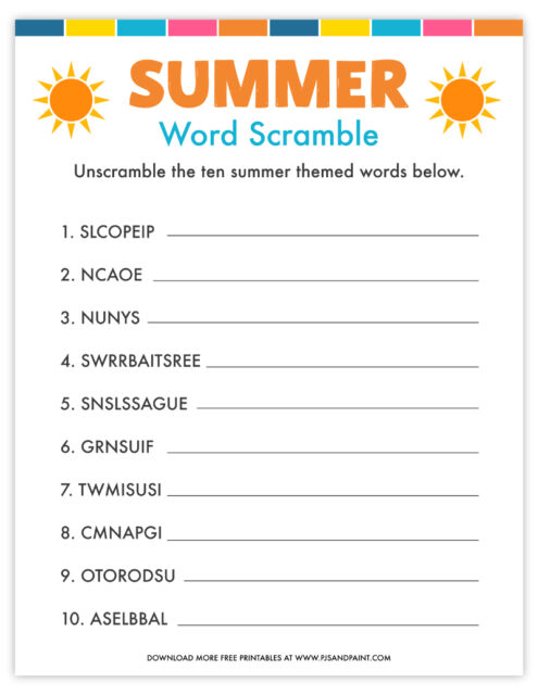 free printable summer word scramble pjs and paint