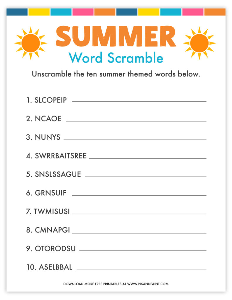free printable summer word scramble