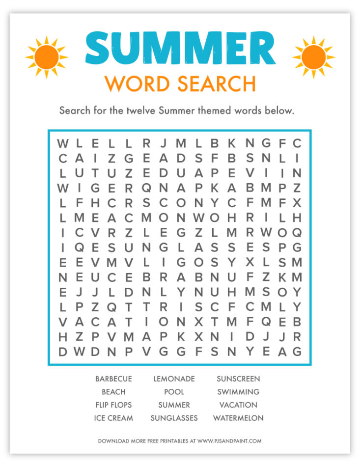 Free Printable Summer Word Search Pjs and Paint®