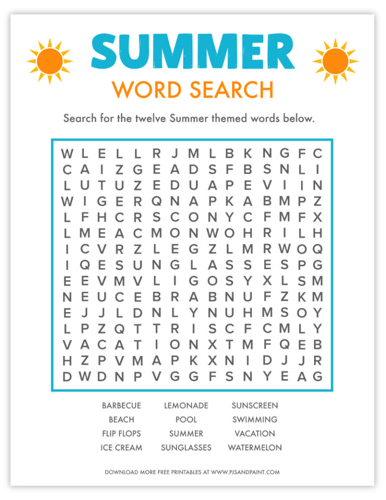 Free Printable Summer Word Search For Middle School