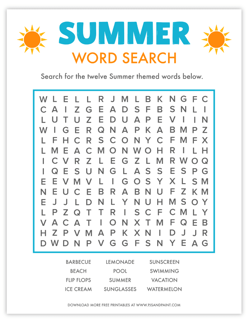 free printable summer word search pjs and paint