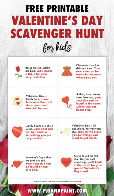 Free Printable Valentine's Day Scavenger Hunt for Kids - Pjs and Paint