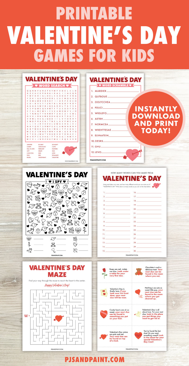 Printable Valentine's Day Printable Game Bundle for Kids Pjs and Paint