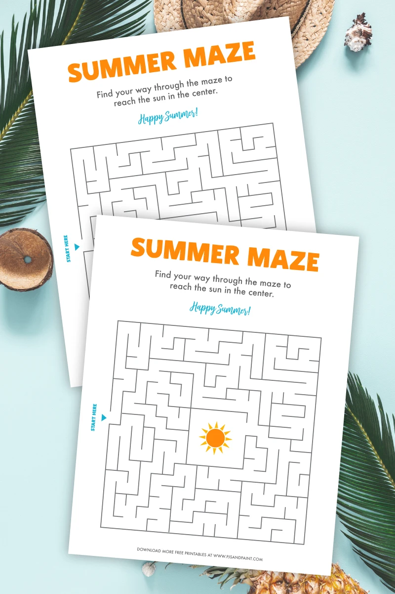 free printable summer maze for kids pjs and paint