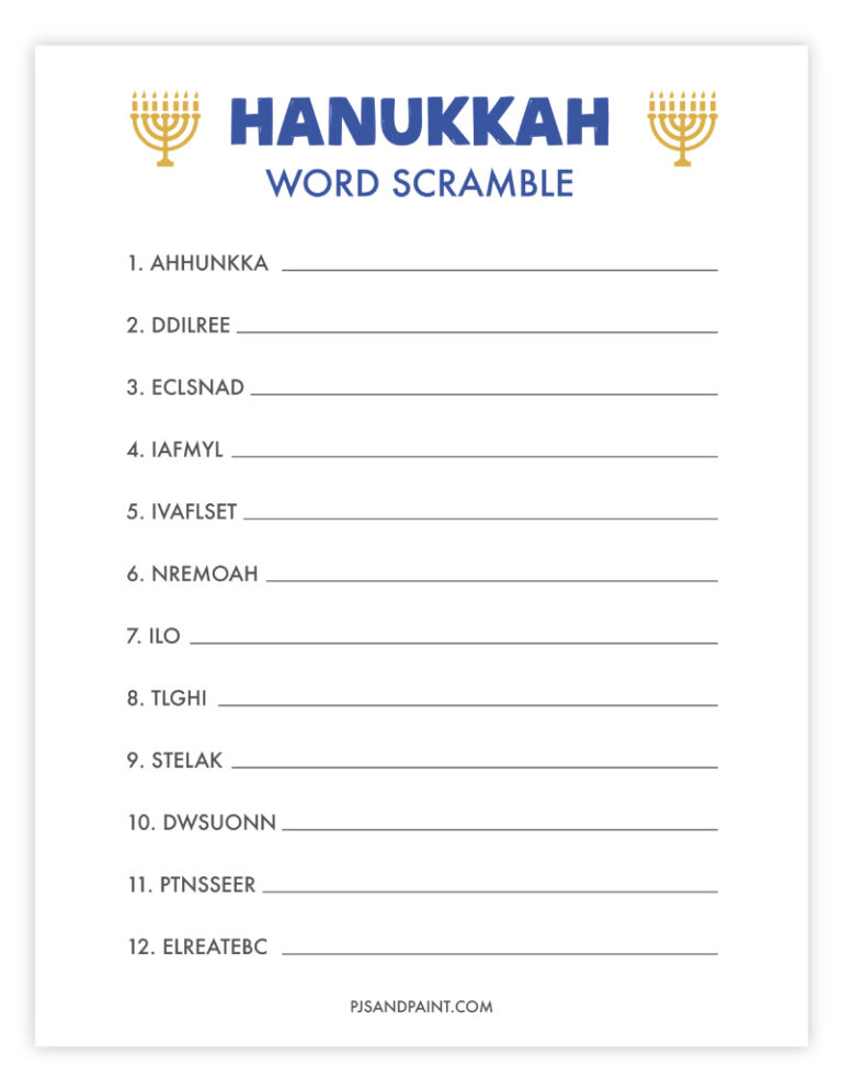 Hanukkah Word Scramble - Free Printable - Pjs and Paint
