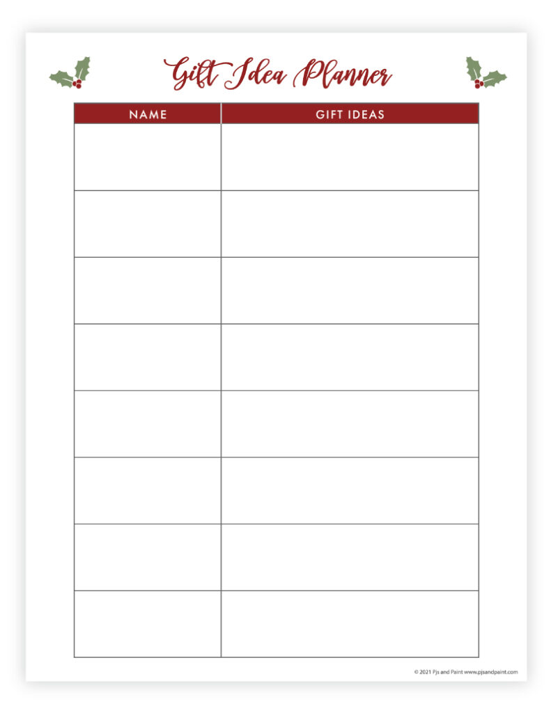 gift idea planner free printable