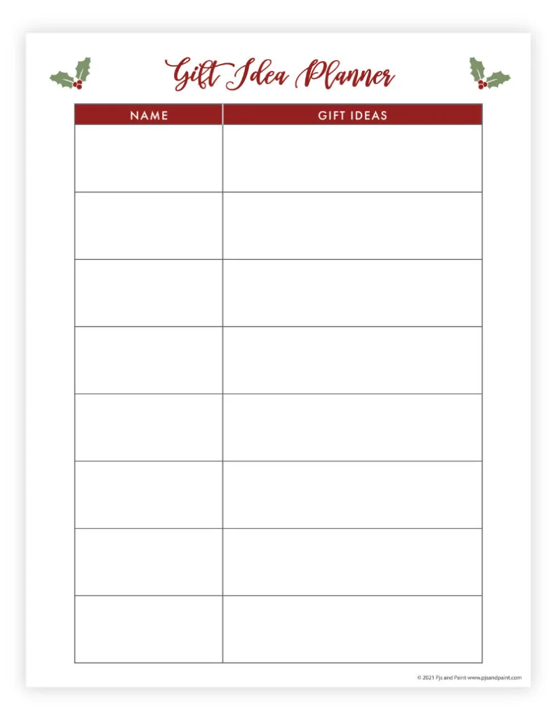 gift idea planner free printable