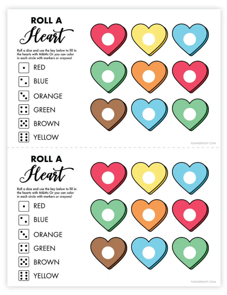 free printable roll a heart valentines day game