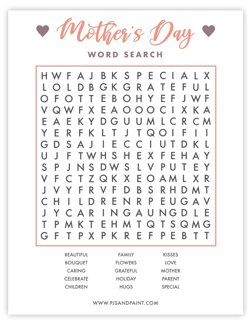 Free Printable Mother's Day Word Search Pjs and Paint