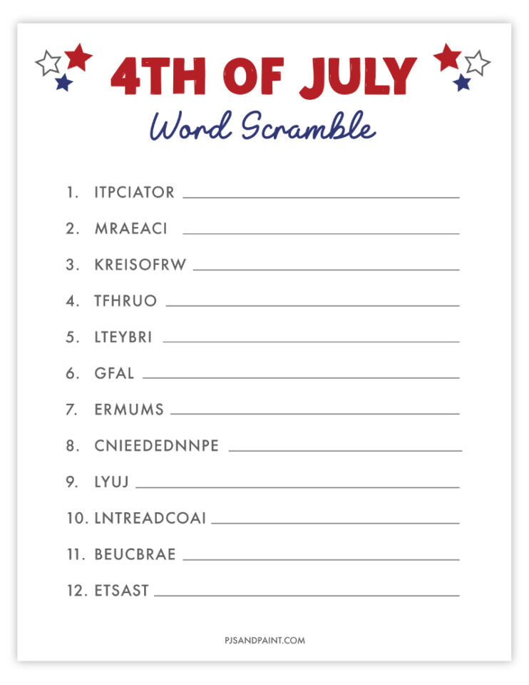 Free Printable Th Of July Word Scramble Pjs And Paint