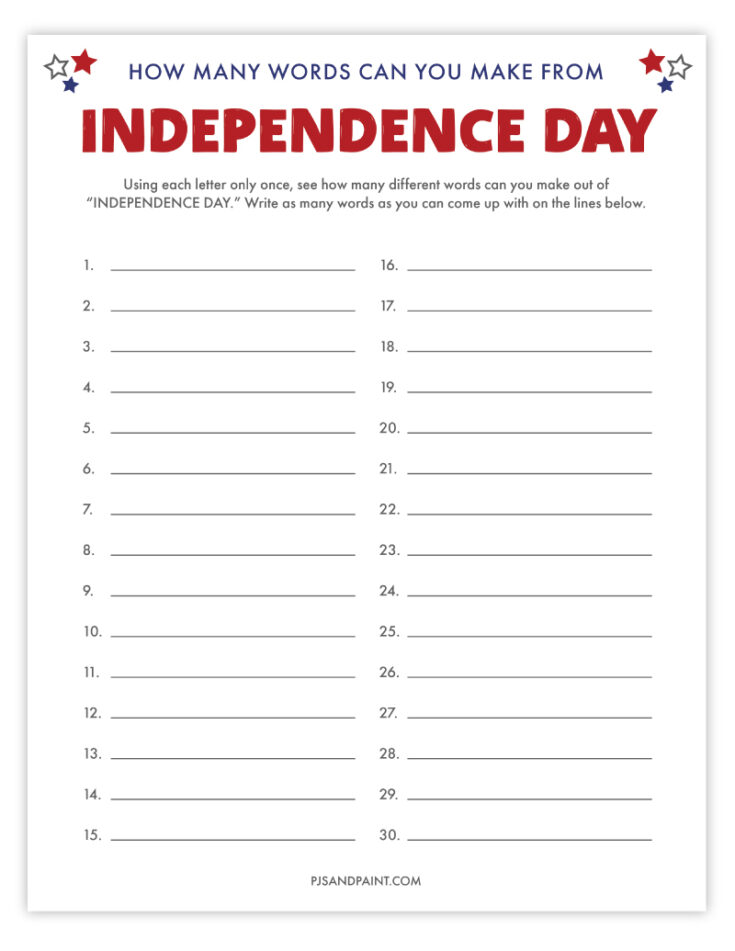 How many words can you make out of Independence Day - Free Printable