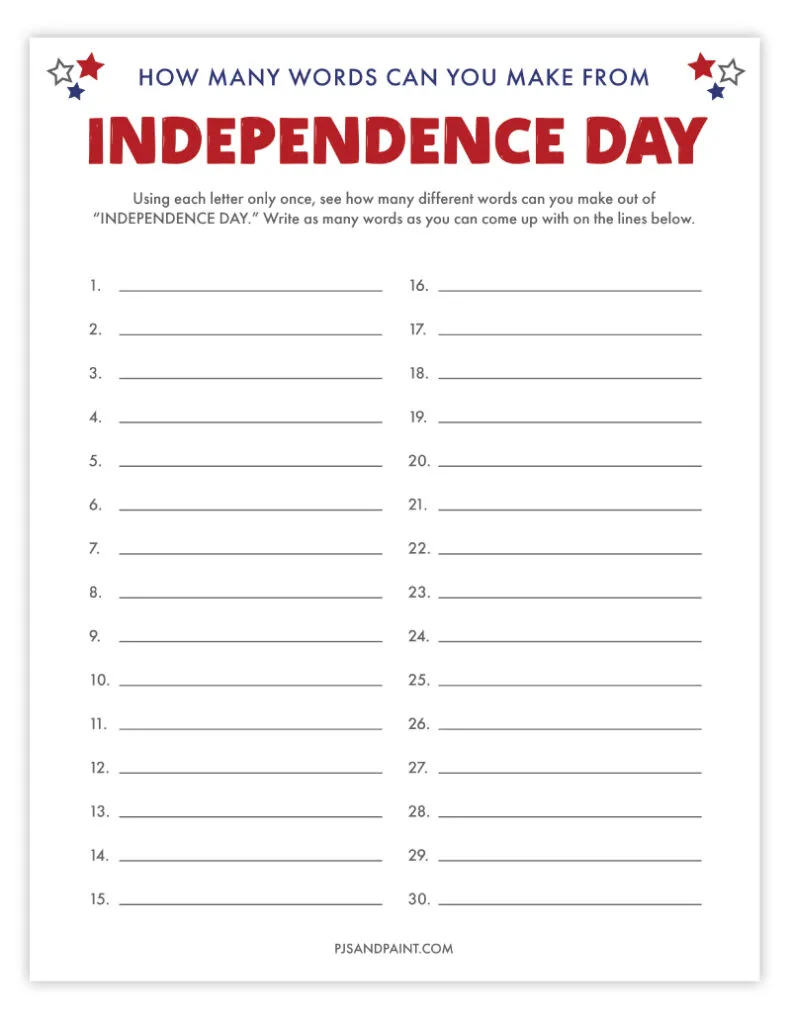 how many words can you make from Independence Day
