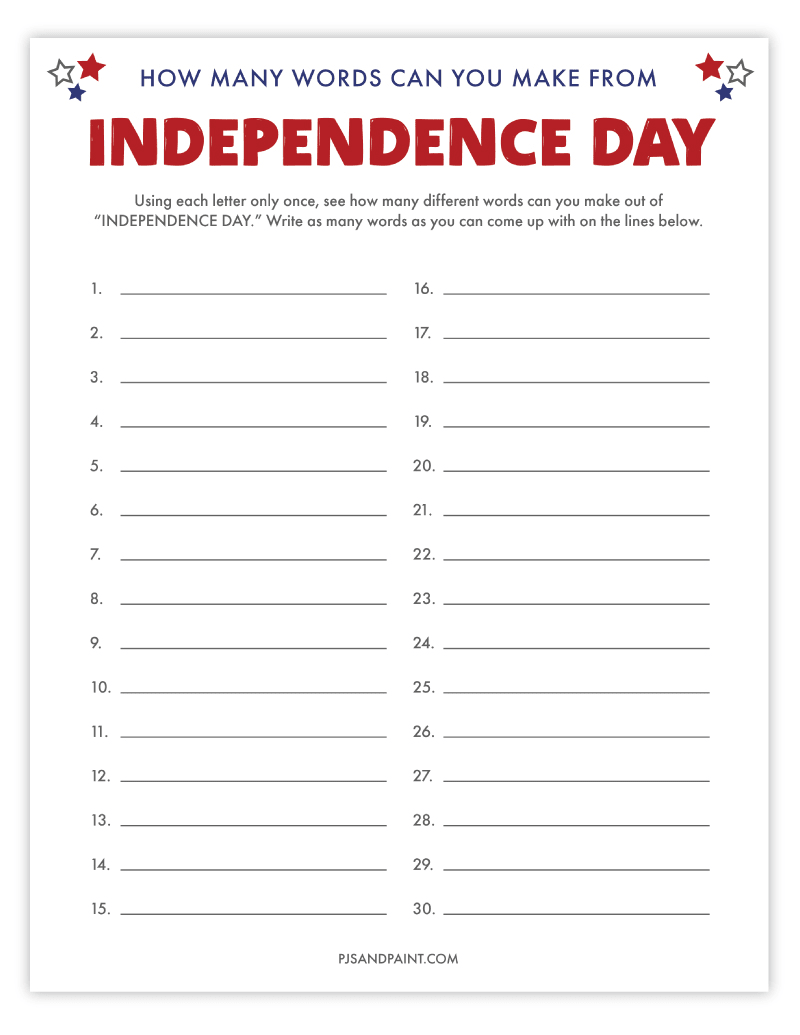 how many words can you make from Independence Day