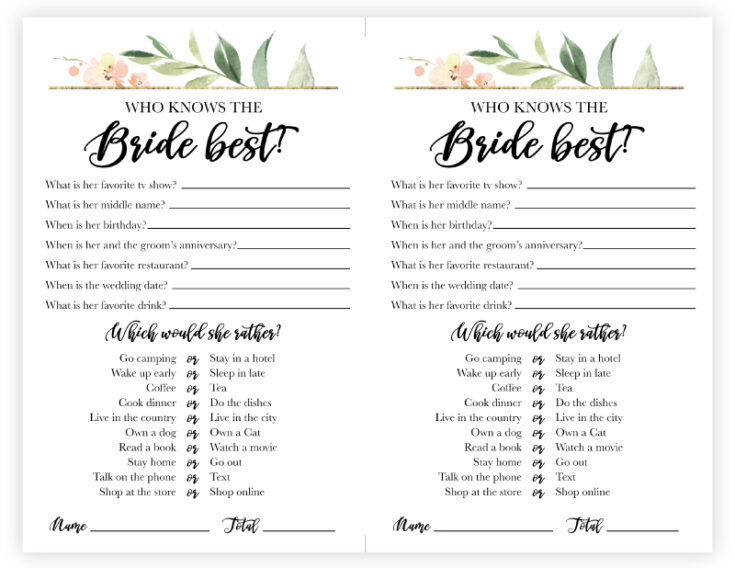 Free Printable Who Knows the Bride Best Game - Pjs and Paint