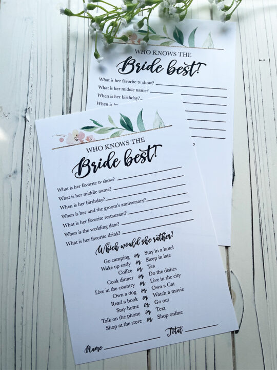 Free Printable Who Knows the Bride Best Game Pjs and Paint