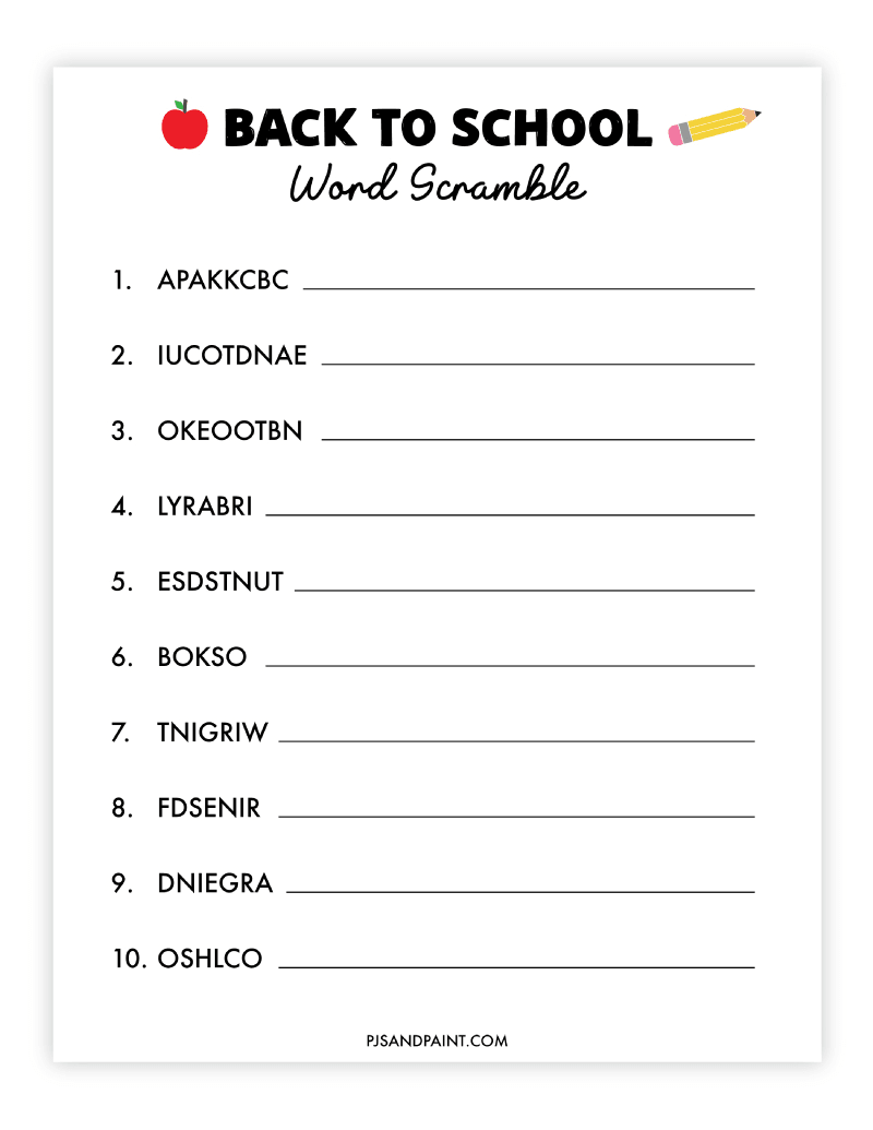 Free Printable Back to School Word Scramble - Pjs and Paint