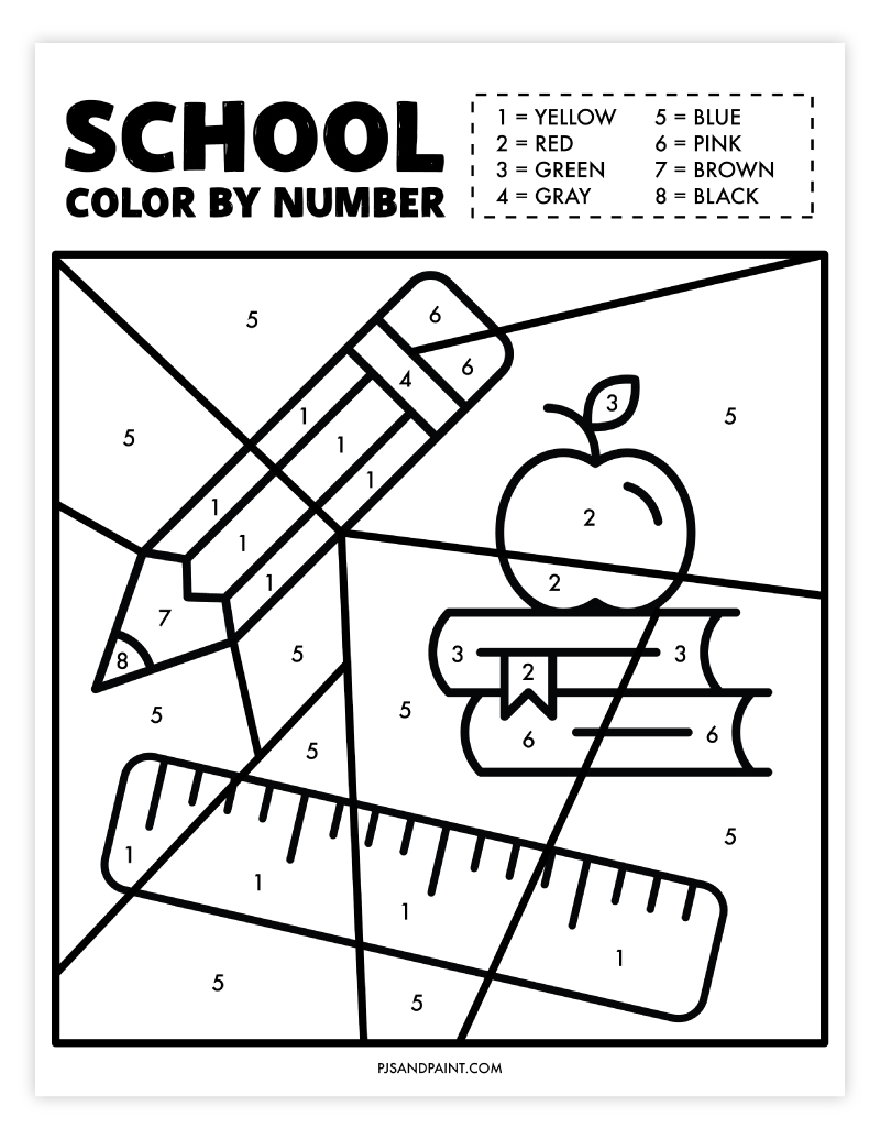 Free Printable School Color by Number Worksheet - Pjs and Paint