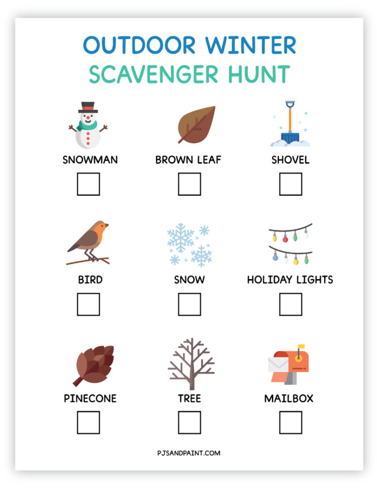 Free Printable Outdoor Winter Scavenger Hunt for Kids - Pjs and Paint