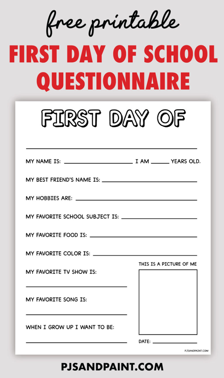 Free printable first day of school questionnaire pjs and paint