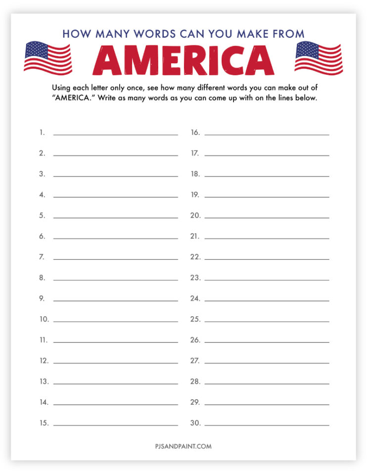 Free Printable How many words can you make from America game - Pjs and ...