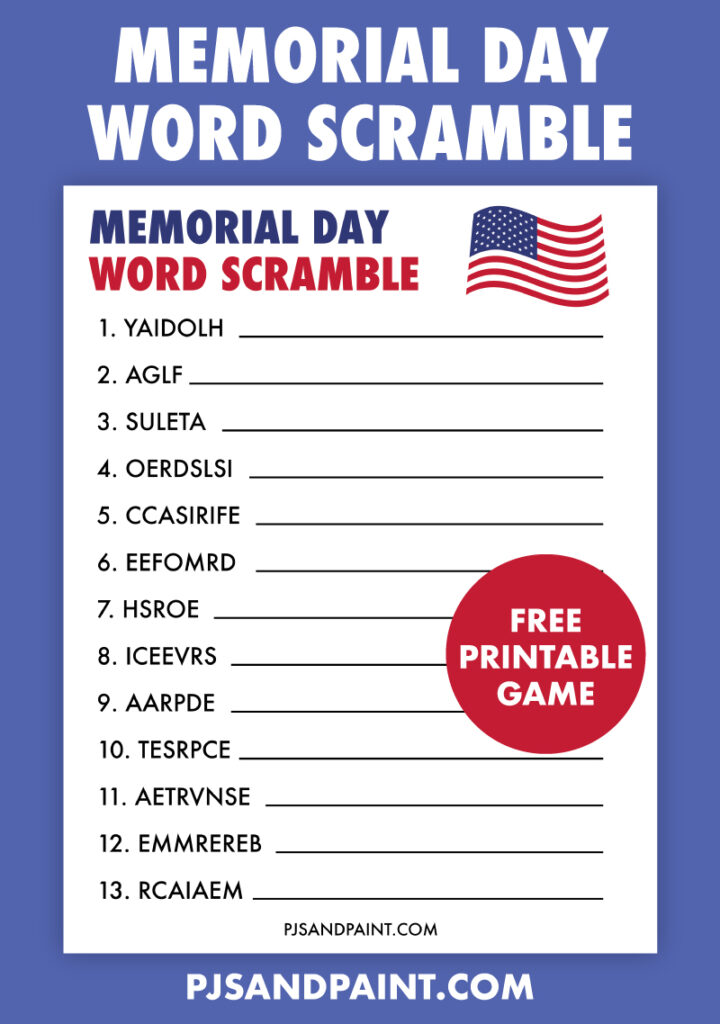 Free Printable Memorial Day Word Scramble - Pjs and Paint