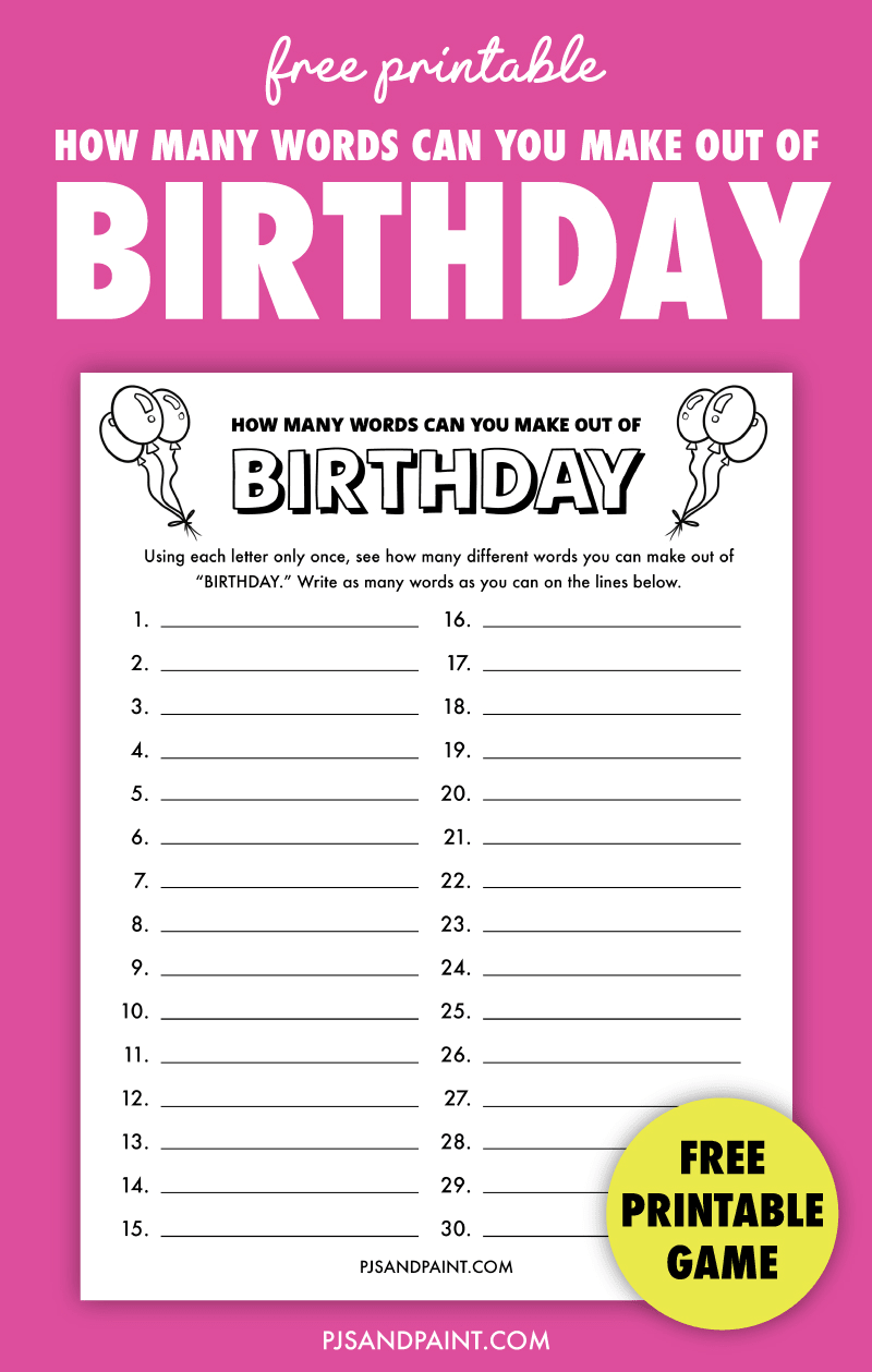free printable how many words can you make out of birthday game